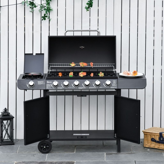 Outsunny Gasgrill BBQ Grillwagen Mit 6 Brennern 1 Seitenbrenner Schrank