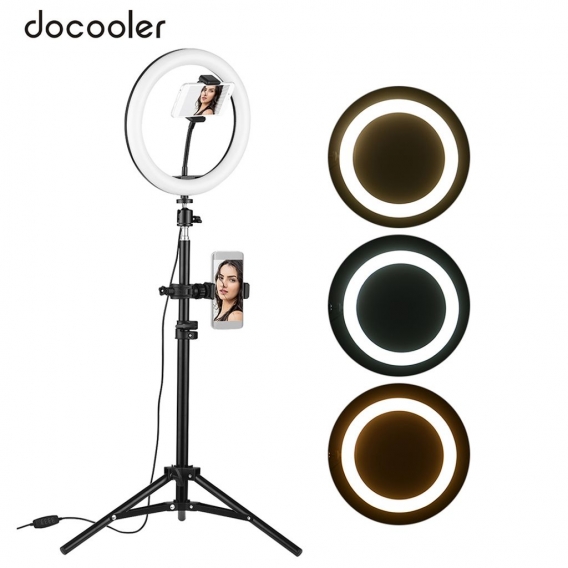 docooler 10-Zoll-Desktop-LED-Video-Ringlichtlampe 3 Beleuchtungsmodi Dimmbarer USB-Anschluss mit Telefonhalter Kugelkopfadapter 