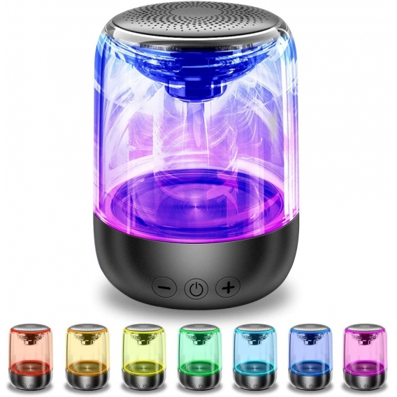 AcserGery Mini-Bluetooth-Lautsprecher mit Licht, tragbar, einstellbar, 7 Farben, 360°-Stereo-Sound in Glas, funktioniert mit Han