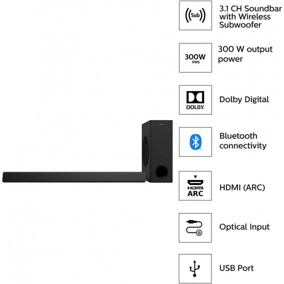 Philips HTL3320 Soundbar-Lautsprecher 3.1 CH Kabelloser Subwoofer Bluetooth