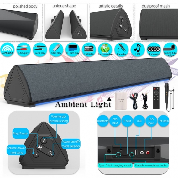 Soundbar-Surround-Sound-System, Bluetooth 5.0, Soundbar-Lautsprecher, für TV, Heimkino