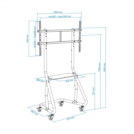 TooQ FS20200M-B, 100 kg, 152,4 cm (60 Zoll), 2,67 m (105 Zoll), 1000 x 600 mm, Höhenverstellung, Schwarz