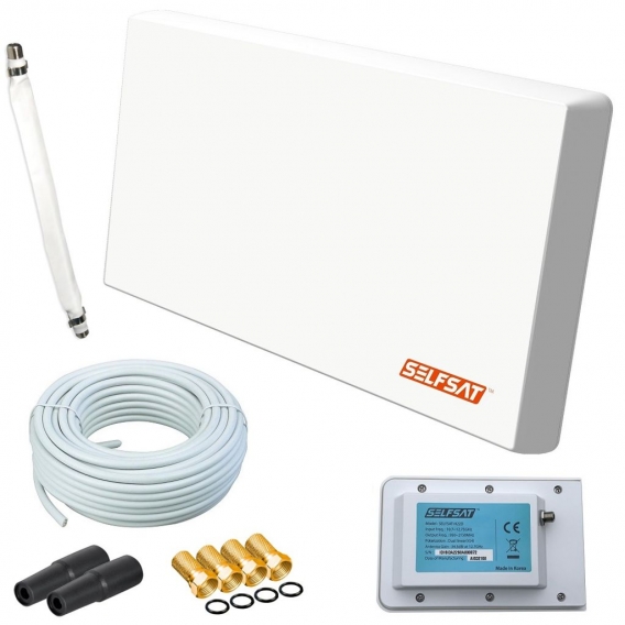 Selfsat H22D+ Flachantenne Single mit Multifunktionshalterung + 10m Kabel + 1 Fensterdurchführung + 4 F-Stecker + 2 Wetterschutz