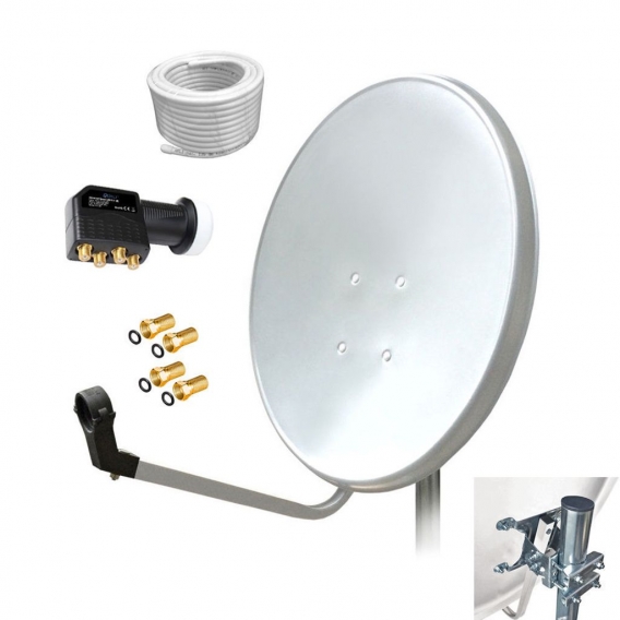 ARLI 80cm HD Sat Anlage weiss + Quad LNB + 15m Koaxialkabel + 4x F-Stecker vergoldet