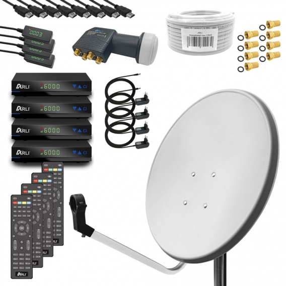 ARLI 80 cm HD Sat Anlage Antenne weiss Set inkl. 4x Receiver + 100m Kabel + Stecker für 4 Teilnehmer