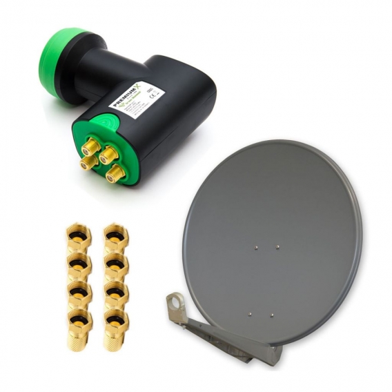 PremiumX DELUXE SAT Anlage für 4 Empfänger 85cm Satellitenantenne ALU Anthrazit mit Green Diamond Quad LNB inkl. 8x F-Stecker