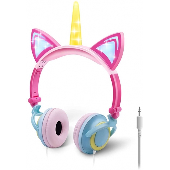 Pyzl Kinderkopfhörer mit Einhorn-Katzenohren, leichte, faltbare Kopfhörer mit LED-Leuchten für Mädchen/Jungen, verstellbar, lang