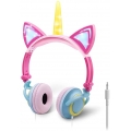 Pyzl Kinderkopfhörer mit Einhorn-Katzenohren, leichte, faltbare Kopfhörer mit LED-Leuchten für Mädchen/Jungen, verstellbar, lang