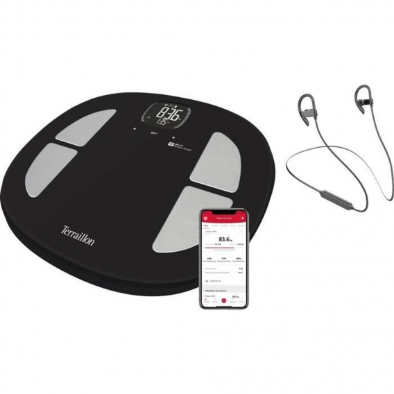 TERRAILLON 14853 - Run and Fit verbundener Impedanzmesser + In-Ear-Kopfhörer - WLAN, Bluetooth - 32,4x34,2cm - Schwarz