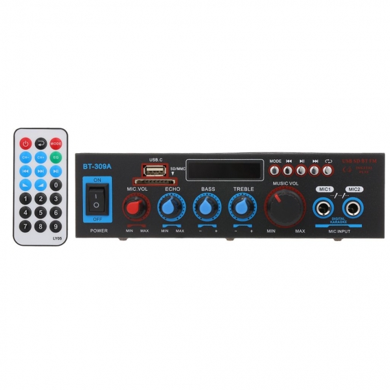 12 V / 220 V Mini-Audio-Leistungsverstärker BT Digitaler Audio-Receiver AMP USB SD-Steckplatz MP3-Player FM-Radio LCD-Display Du