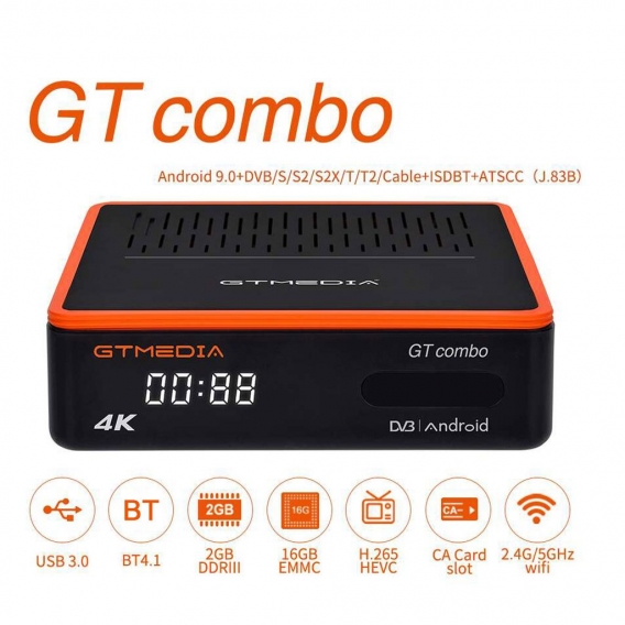 GTMEDIA GT COMBO Smart-TV-Box-Empfaenger Android 9.0 2 GB + 16 GB 4K Media Player Unterstuetzung fuer digitale Videouebertragung