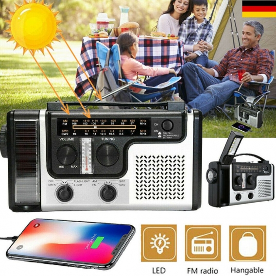 Miixia Solar Radio Kurbelradio FM AM Wiederaufladbare Dynamo Radio Notfall LED Lampe