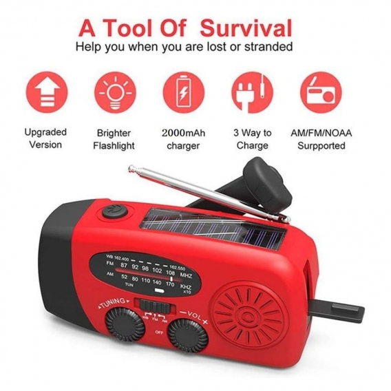 Tragbare AM/FM/NOAA Radio Solar Radio mit Kurbel Taschenlampe LED 2000mAh Wiederaufladbare Powerbank USB-Handy-Lader