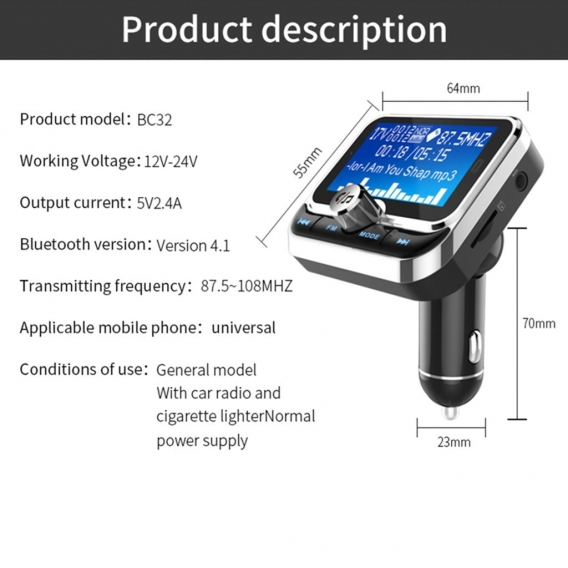 Bluetooth FM Transmitter,Bc32 Auto MP3-Karte Großbildschirm 7 Sprachen Unterstützungsordner Mit Fernbedienung Auto Bluetooth Pla