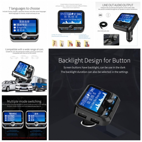 Bluetooth FM Transmitter,Bc32 Auto MP3-Karte Großbildschirm 7 Sprachen Unterstützungsordner Mit Fernbedienung Auto Bluetooth Pla