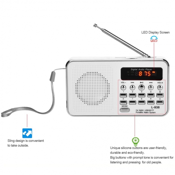 L-938 Mini-FM-Radio Digital Portable 3W Stereo-Lautsprecher MP3-Audio-Player High Fidelity Sound Qualität w / 1,5-Zoll-Display-B