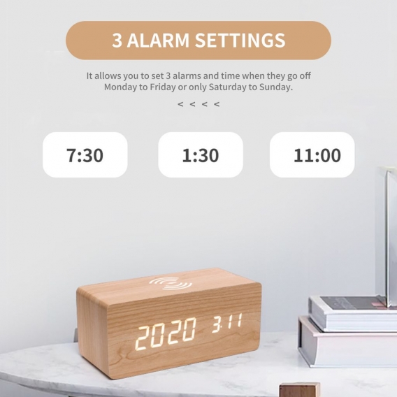 Digitaler Holzwecker Elektronische LED-Zeitanzeige fuer Schlafzimmer 10W Kabelloses Laden 3 Alarmeinstellungen Datums- und Tempe