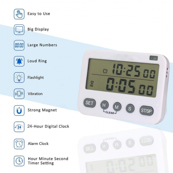 BISHOP MULTIFUNKTIONS-TIMER und UHR, GROSSES LCD-DISPLAY mit GROSSEN ZIFFERN