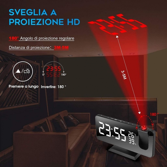 AcserGery Projektorwecker, Deckenprojektorwecker mit 180°-Projektion, Morgenradiowecker mit USB-Anschluss, Digitaluhr mit Doppel