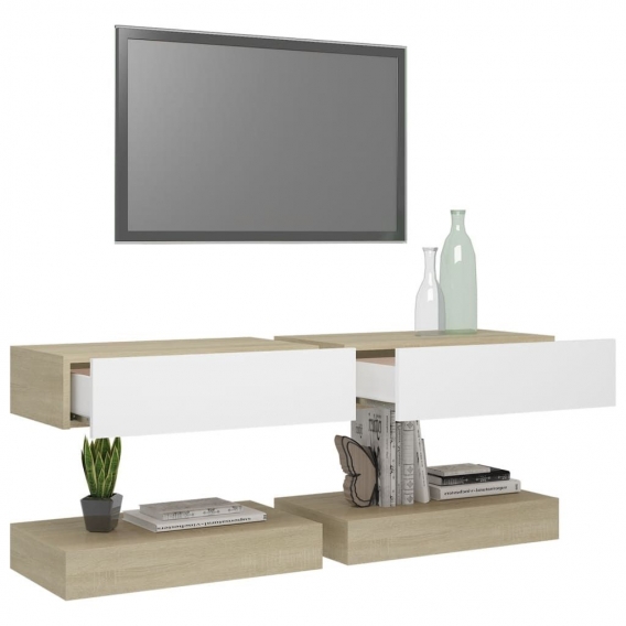 Duolm TV-Schränke mit LED-Leuchten 2 Stk. Weiß Sonoma-Eiche 60x35 cm