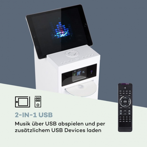 auna Karaboom 100 - 2.1 Lautsprechersystem, Internetradio, DAB, DAB+ und UKW Radio, CD-Player, WiFi Turmlautsprecher, Standlauts