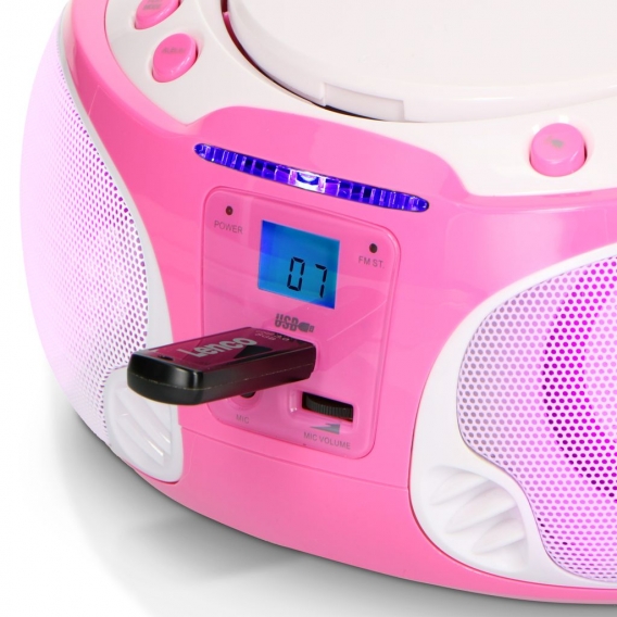 Lenco SCD-650PK - Tragbares FM-Radio mit CD/MP3-Player - USB-Anschluß - Karaoke - Mikrofon - Lichteffekte - Pink