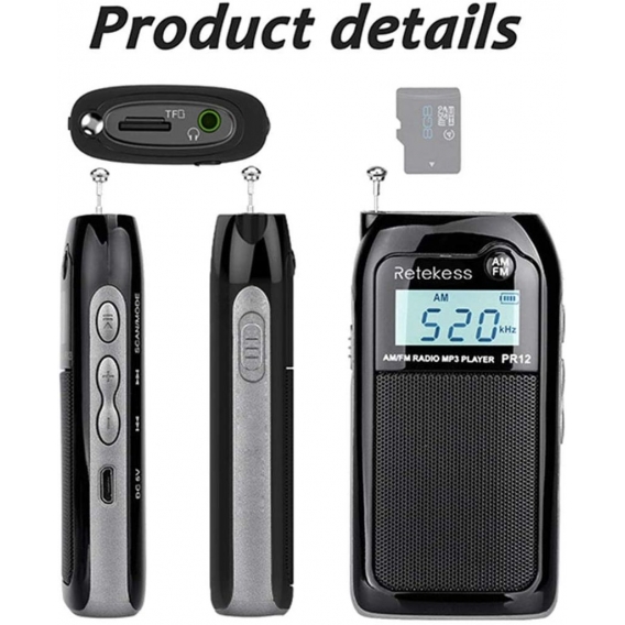 Retekess PR12 Tragbares radio, Digitales Taschenradio, DSP-Einstellung, Ausgezeichneter Empfang, MP3-Player, Akku 500 mAh, zum G