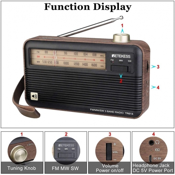 Retekess TR614 Tragbares Radio, Retro Radio FM AM SW, Gute Klangqualität, Guter Empfang, mit Kopfhöreranschluss, Analoges Radio 