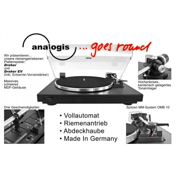 analogis »Dreher« Vollautomatischer Plattenspieler ohne Entzerrer-Vorverstärker Inclusive OM 10 MM-Abtastsystem