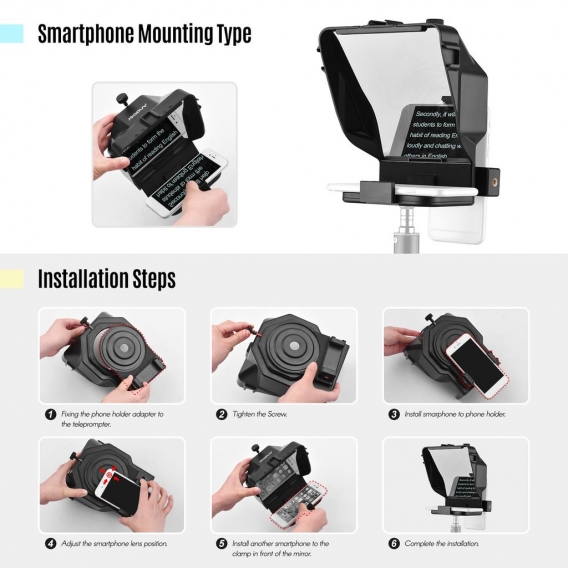 Andoer tragbare Smartphone DSLR-Kamera Teleprompter Prompter mit Telefonhalter Fernbedienung 5-teilige Objektivadapterringe fuer