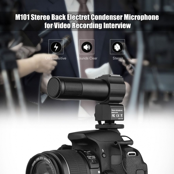 M104 Stereomikrofon Rueckseite Elektret Kondensatormikrofon Videoaufnahme Interview Mikrofon mit Windschutzscheibe fuer Canon Ni
