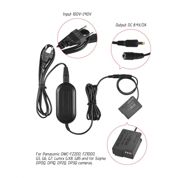 Andoer DMW-AC8 Netzteil-Versorgungskamera-Ladegeraet + DMW-DCC8 DC-Koppler-Kit (DMW-BLC12-Ersatz) fuer Panasonic DMC-FZ200, FZ10