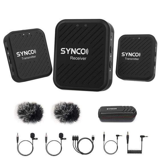 SYNCO G1 (A2) 2,4 G Drahtloses Mikrofonsystem mit 1 Empfaenger & 2 Sendern & 2 Lavalier-Mikrofonen 50 m Reichweite 3,5 mm Stecke