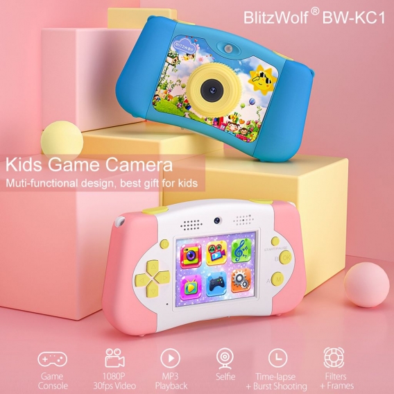 BlitzWolf® BW-KC1 Kinderkamera, Digitalkamera Kinder mit 2,4 Zoll Großbildschirm 1080P HD Eingebaute 16GB SD-Karte USB Wiederauf