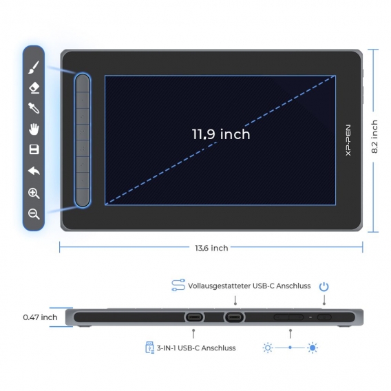 XP-PEN Artist 12 2. Generation Grafiktablett mit Display 133% sRGB Farbraum batterieloser Stift mit X3 Smart-Chip, für digitales