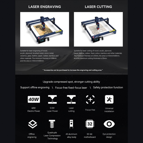 A5 M50 PRO 40W Graviermaschinen , EU Stecker 410 x 400 mm +Atomstac k Air Assist System