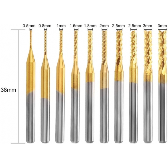 AcserGery 10 Stück Titankarbid-Schaftfräser, kohlenstoffbeschichtet, CNC-Gravierset, Frässtifte, 0,8 mm bis 3,175 mm