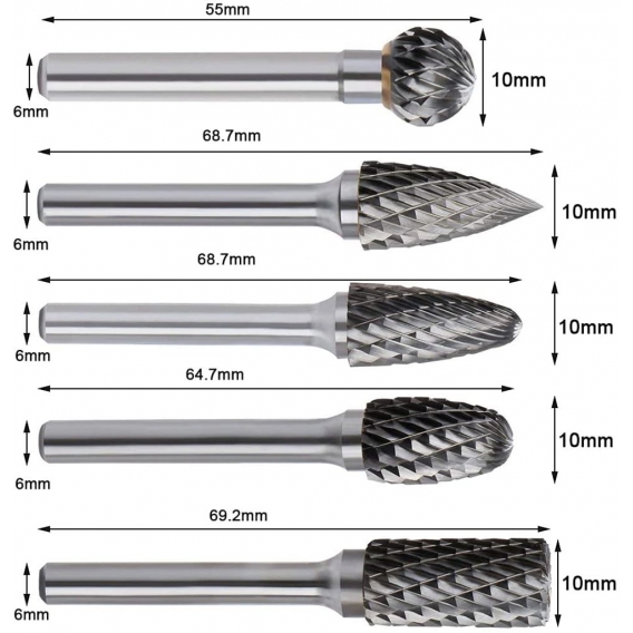 AcserGery 5-teiliges Set Wolframkarbid-Frässtifte, doppelt geschnittener Schaft, 6 mm Kopf, 10 mm, Dremel-Werkzeug, elektrische 