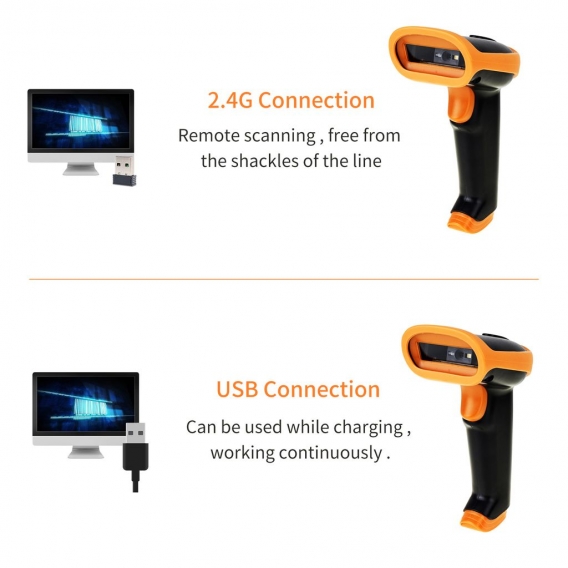 Drahtloser 2,4 G 1D-Barcode-Scanner Handheld-USB-Kabel-Barcode-Lesegeraet Manuelle Trigger-Scanning-Unterstuetzung Papiercode / 