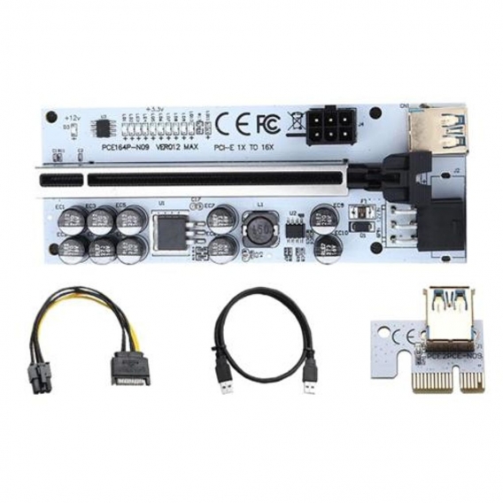 PCI-E PCIe Riser, PCI Express 1x bis 16x Extender, 6-Pin PCI-E zu SATA Stromkabel, Riser Karte, Grafikkarte PCIe Riser Farbe Sch