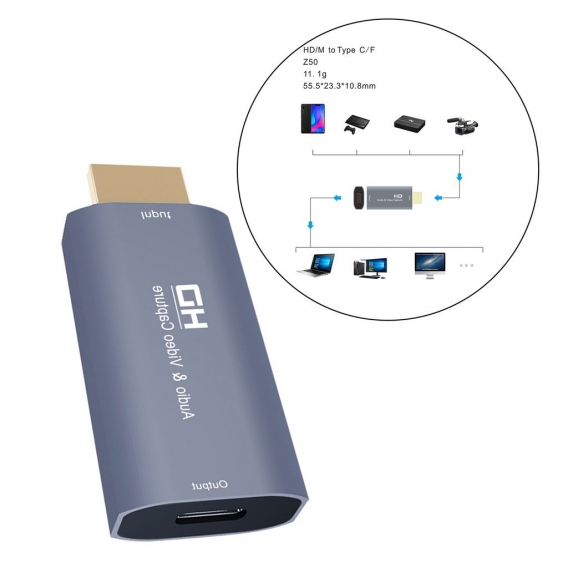 HD-Typ-C-Audio-Video-Capture-Karte, USB-C 4K 1080P-Capture-Karte für Live-Streaming-Aufzeichnungsunterricht, kompatibel mit Wind