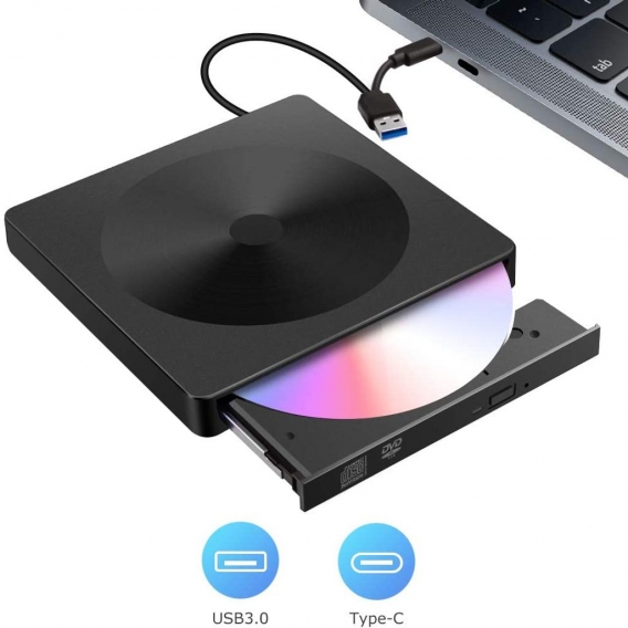 Externes CD DVD Laufwerk, USB 3.0 Typ C Dual Port Slim CD RW/VCD RW Brenner und Reader Geräuscharme Hochgeschwindigkeits Datenüb