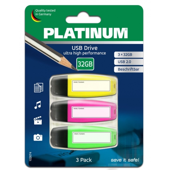 3er Pack Platinum 3x 32GB USB-Stick mit Beschriftungsfeld -  Farbige USB 2.0 USB Flashspeicher in Textmarker-Optik