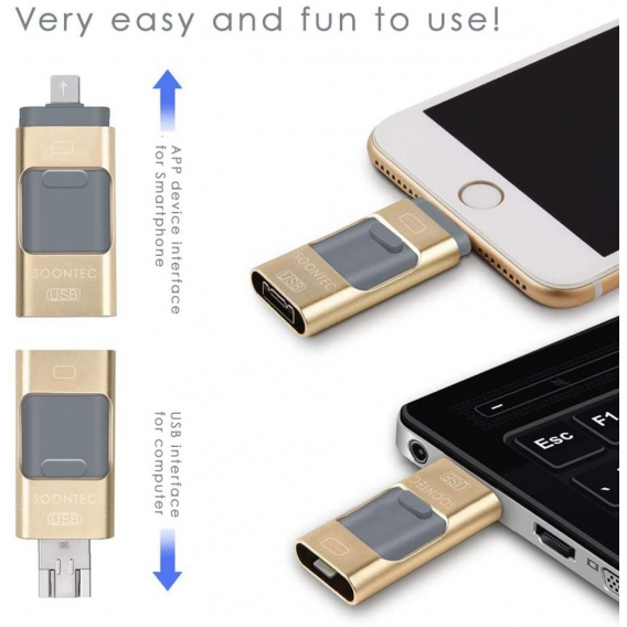 SOONTEC 64 GB Gold 3.0 USB-Stick Memory Stick 3 in1 MICRO USB/PC/iPhone