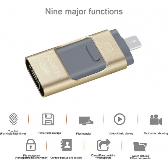 SOONTEC 64 GB Gold 3.0 USB-Stick Memory Stick 3 in1 MICRO USB/PC/iPhone