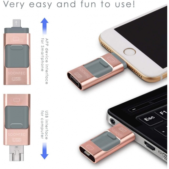 SOONTEC 128 GB 3.0 USB-Stick Memory Stick 3 in1 MICRO USB/PC/iPhone Rosa