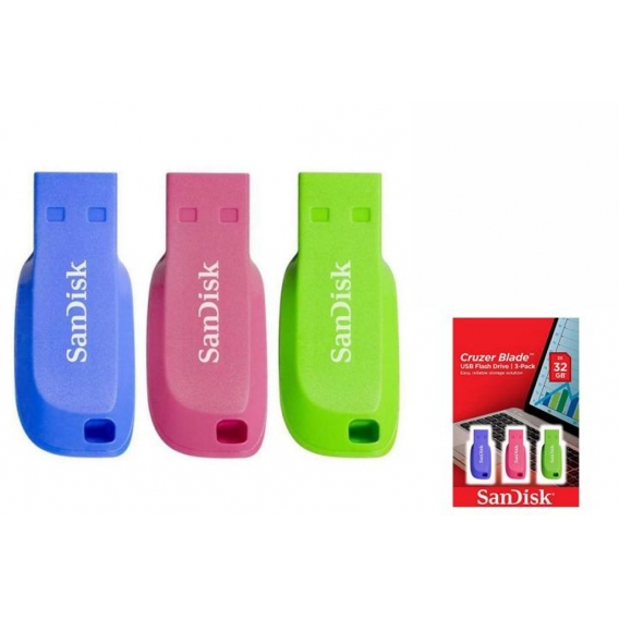 Sandisk USB Stick Cruzer Blade USB Flash Drive 3pack 32GB, Typ-A, 2.0, Ohne Deckel, Blau, Grün, Pink