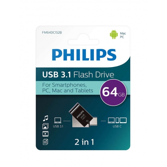 Philips 2 in 1  USB 3.1 zu  USB C 64GB Schwarz Flash Drive PC MAC Tablets Smartphones