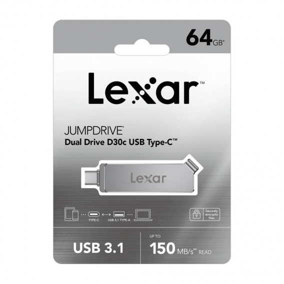 Lexar OTG JumpDrive D30c 64GB Dual Type-C Type-A USB 3.1