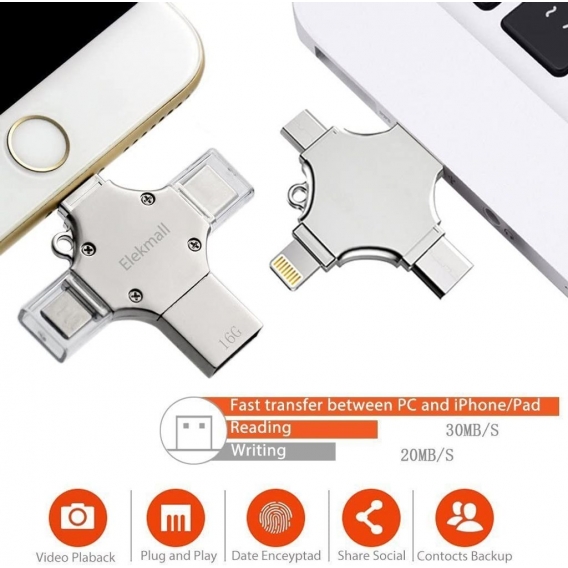 Externer Speicher für iPhone, USB Stick 32/64/ 128GB, 4 in 1 USB Memory Stick- USB Flash Drive USB 2.0 Silber (32GB)